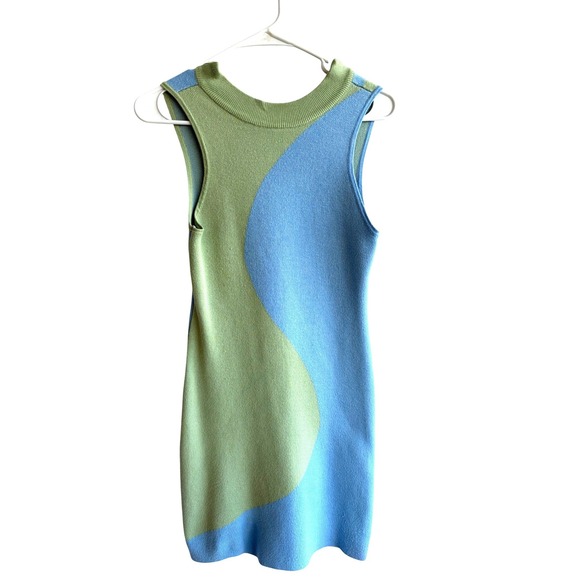 VRG GRL Blue Green Wavy Colorblock Knit Sleeveless Mini Dress Womens 8 retro mod - Picture 2 of 8